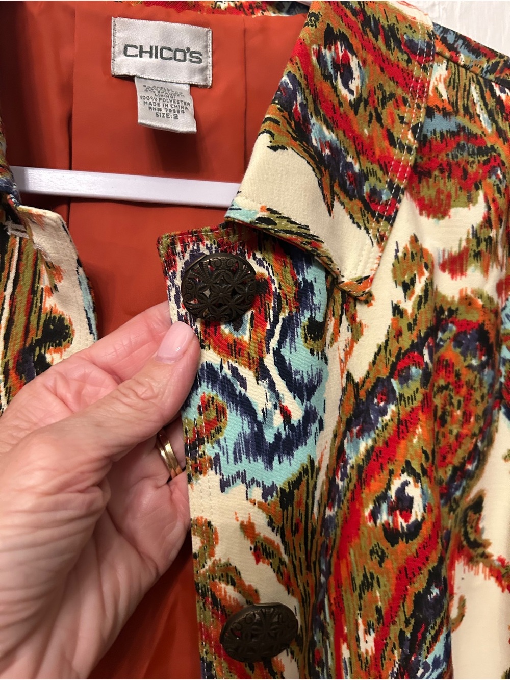 Chico's Women’s Multicolor Paisley Jacket - Orange Lined 3/4 sleeve Chico size 2 - Picture 7 of 7